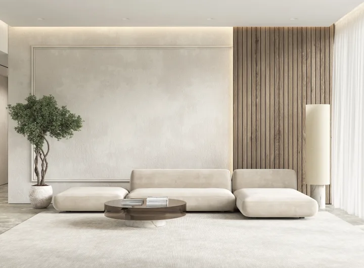 Bild von Front Ansicht eines Wohnzimmers, Spachteltechnik, Holzverkleidung und einer Couch